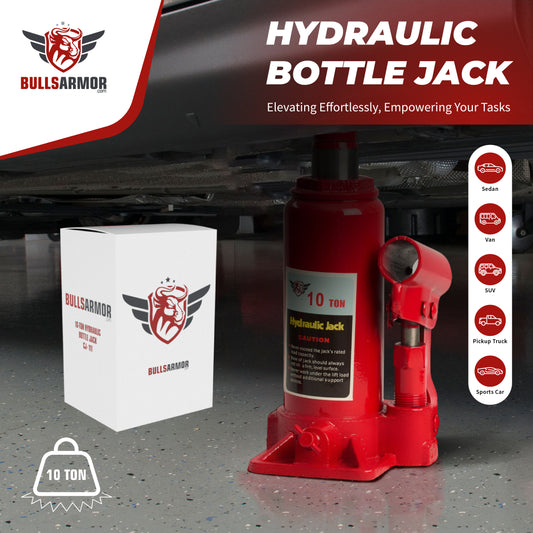 Red hydraulic bottle jack with packaging and vehicle types indicated on a dark background