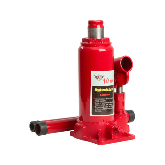 Red hydraulic jack with a white label on a white background