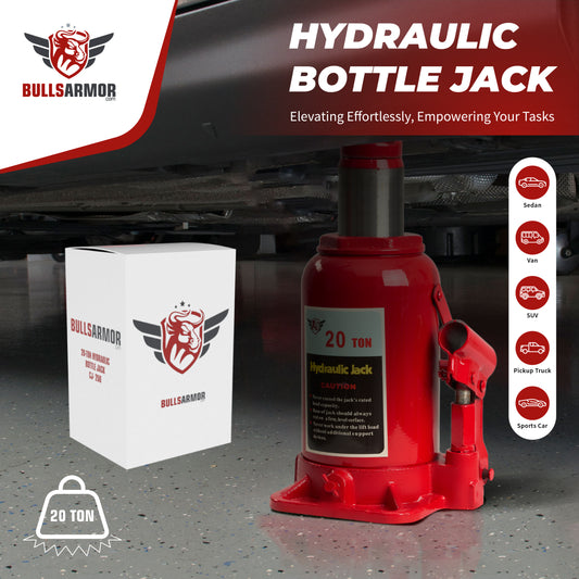 Red hydraulic bottle jack with packaging and Bulls Armor branding on a dark background