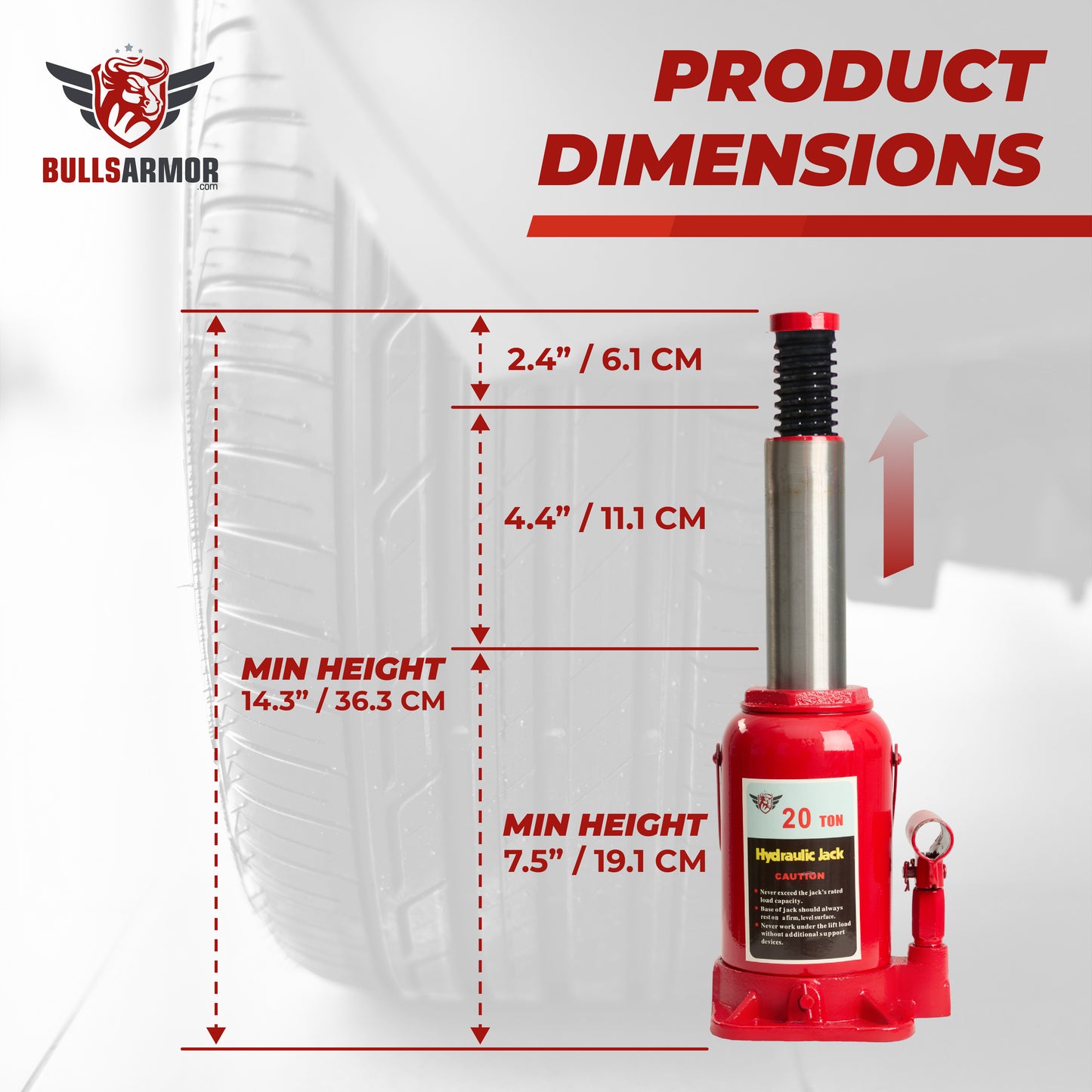 Bull Armor hydraulic jack with dimensions displayed on a white background