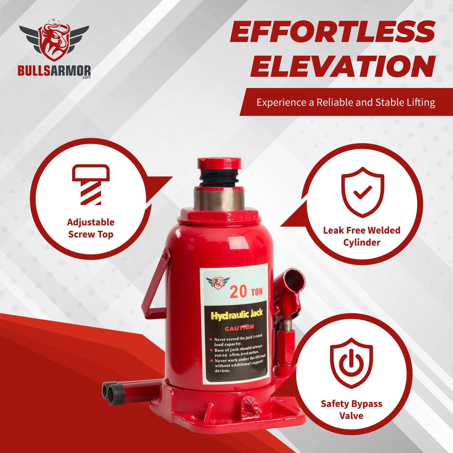 Red hydraulic jack with features highlighted on a white and red background, featuring the Bulls Armor brand.