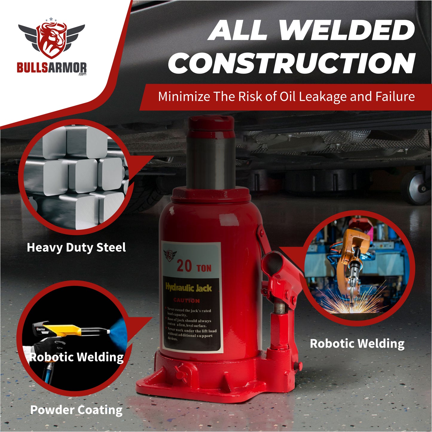 Red hydraulic jack with Bull's Armor branding, highlighting features like heavy-duty steel, robotic welding, and powder coating.