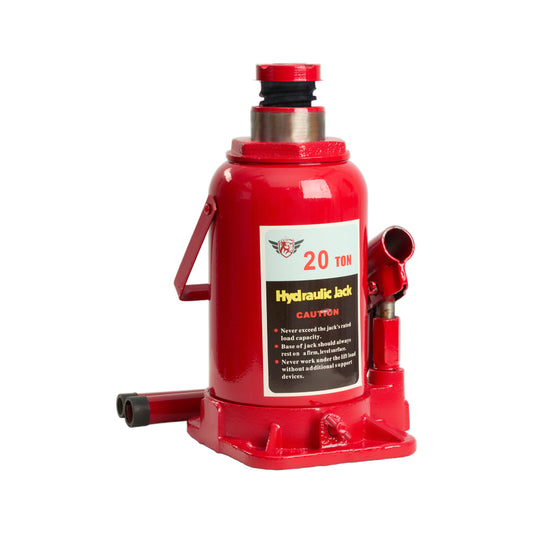 Red hydraulic jack with a white label on a white background
