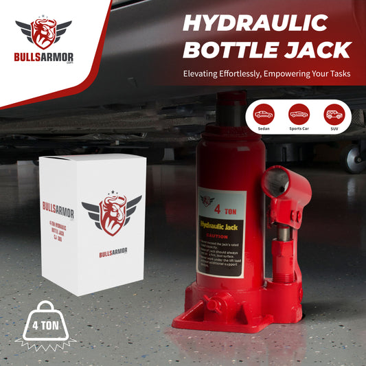 Red hydraulic bottle jack with packaging on a garage floor, featuring Bulls Armor branding.