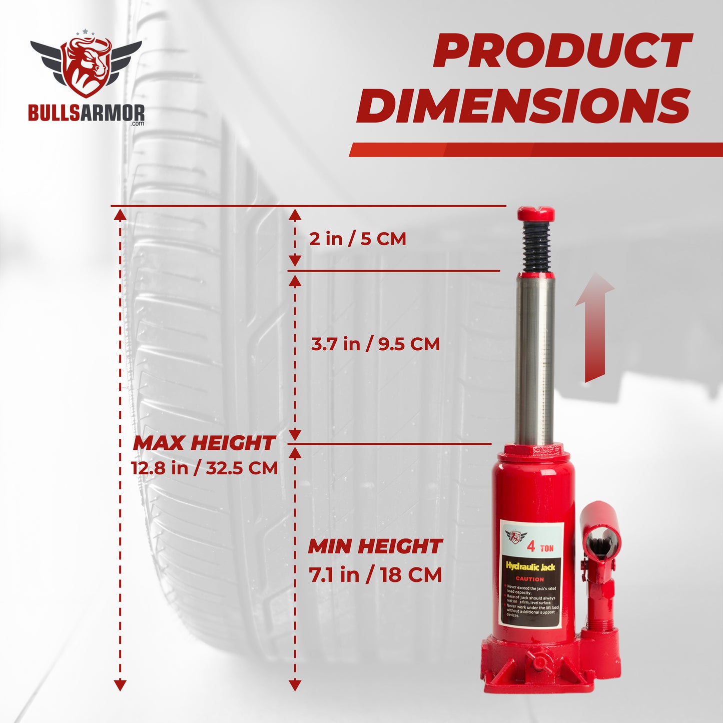 Red hydraulic jack with dimensions labeled next to a tire, featuring BullsArmor branding.