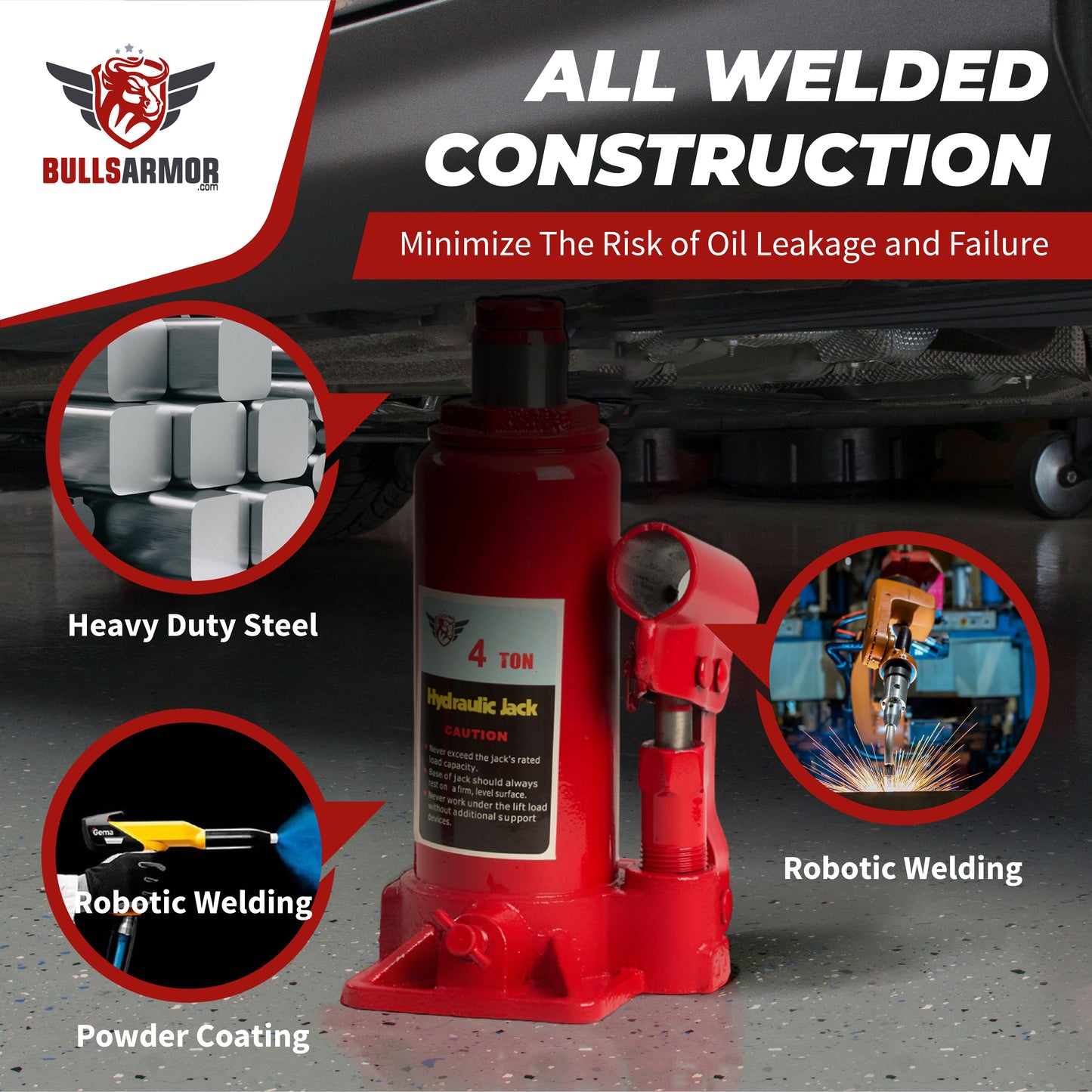 Red hydraulic jack with Bull's Armor branding, highlighting features like heavy-duty steel, robotic welding, and powder coating.