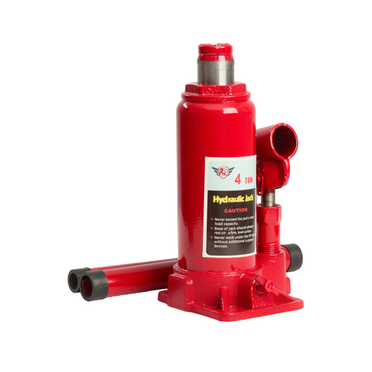 Red hydraulic jack on a white background