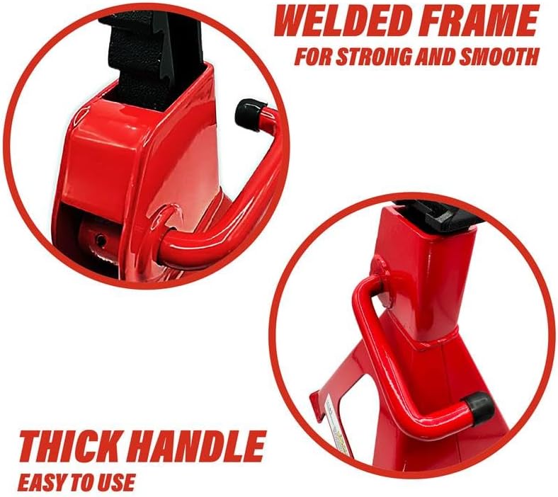 Red tool with welded frame and thick handle, shown from different angles on a white background.