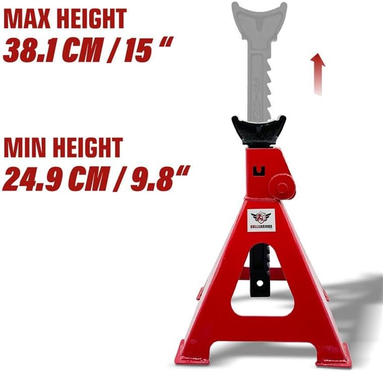 Red jack stand with height specifications on a white background