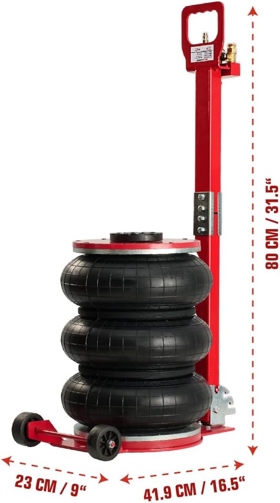 Red tire inflator with air囊s and measurement details on a white background