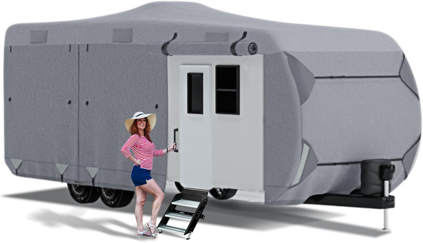 Person standing next to a large gray RV cover on a white background