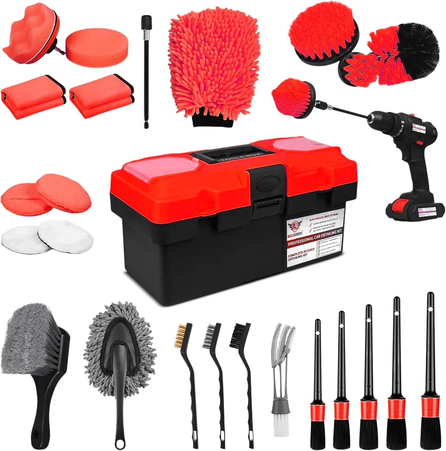 Car cleaning tool set with red toolbox, brushes, and cleaning tools on a white background