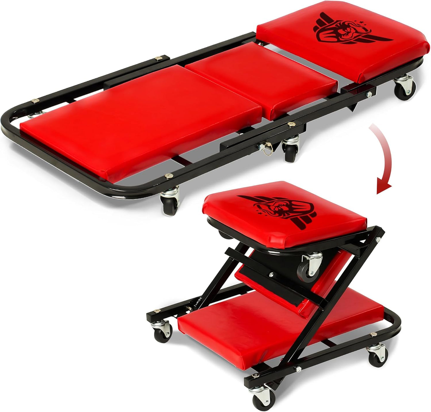Red hydraulic lift table with black frame and wheels on a white background