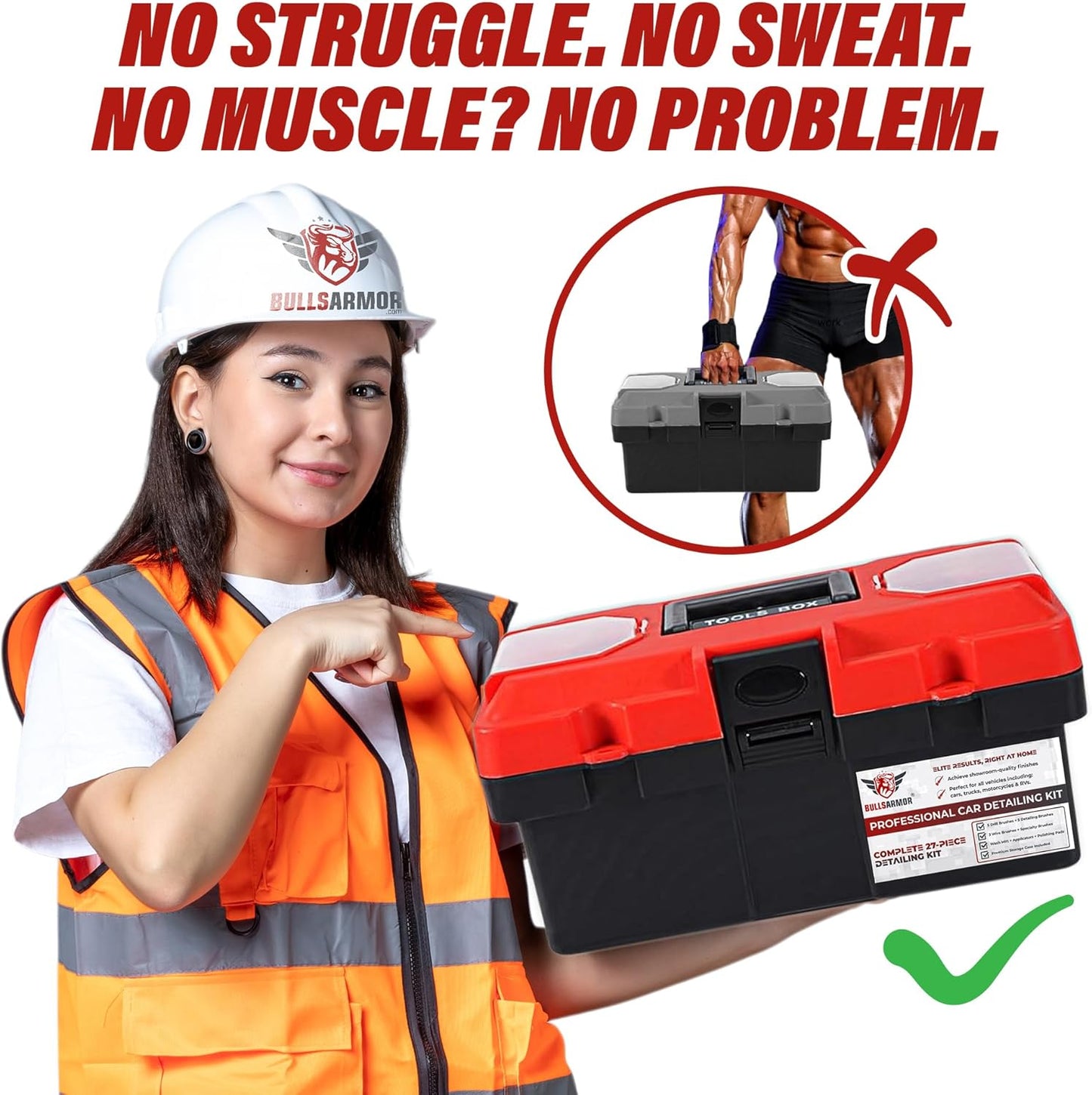 Person in safety gear pointing to a toolbox with promotional text on a white background