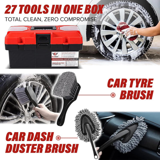 Car cleaning tool set with a toolbox, car tyre brush, and car dash duster brush.