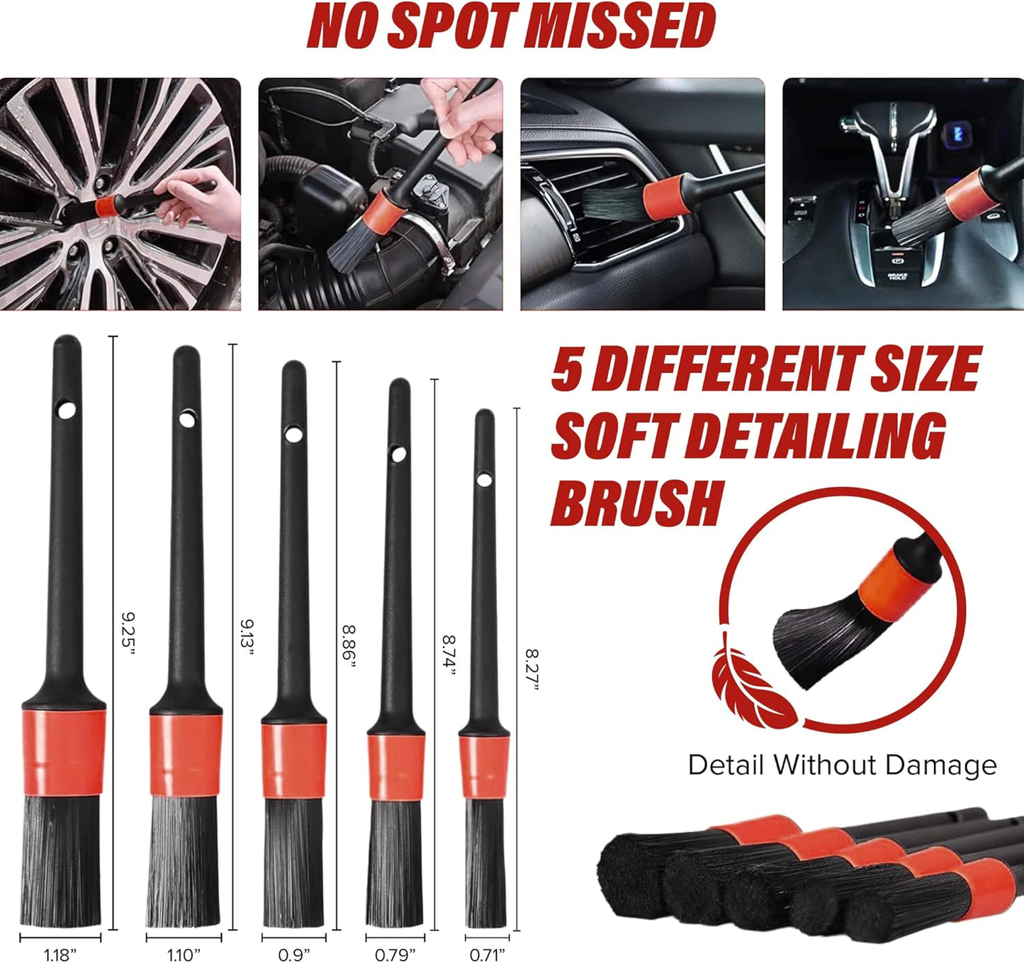 Set of car detailing brushes with measurements and text about their use.