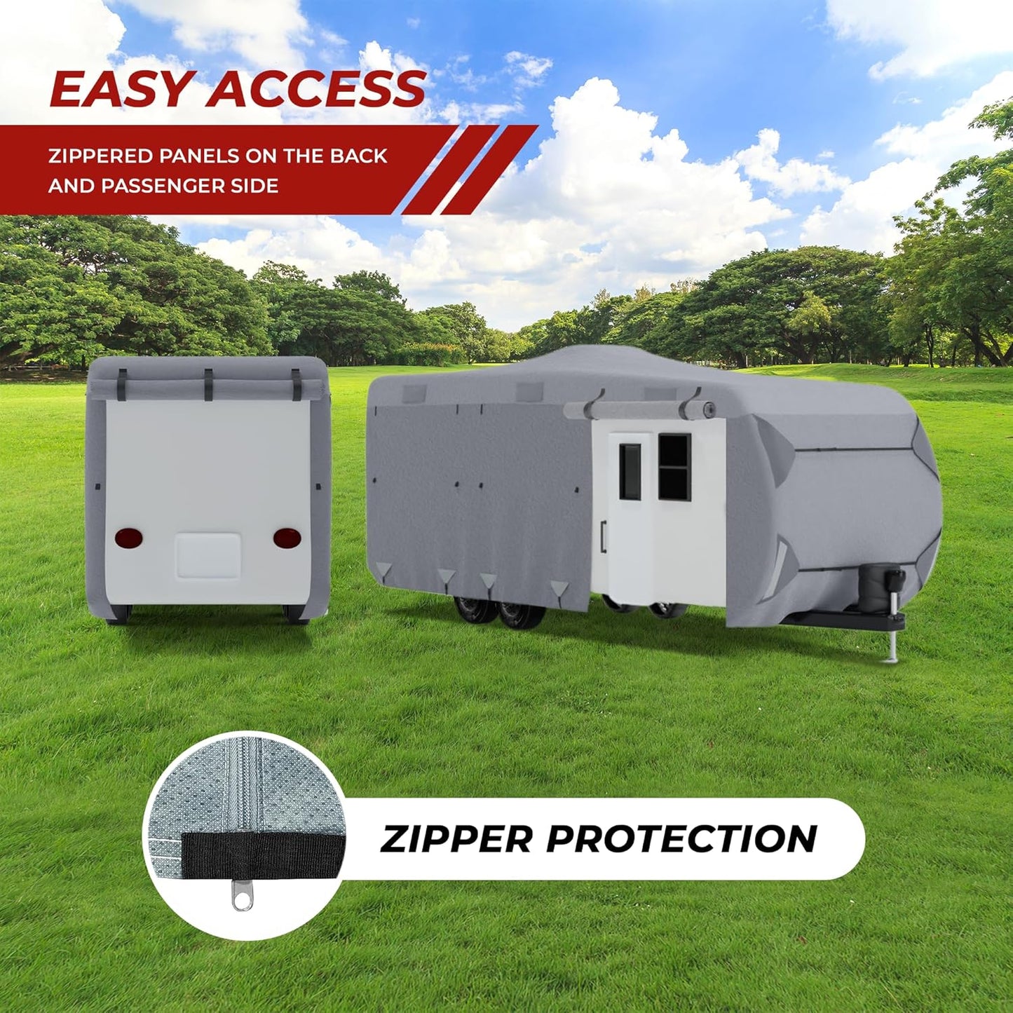 RV cover with zipped panels on the back and passenger side, shown outdoors.