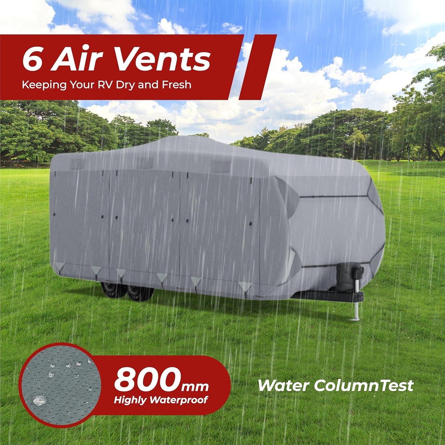 RV cover with air vents and waterproof features on a grassy field with trees.
