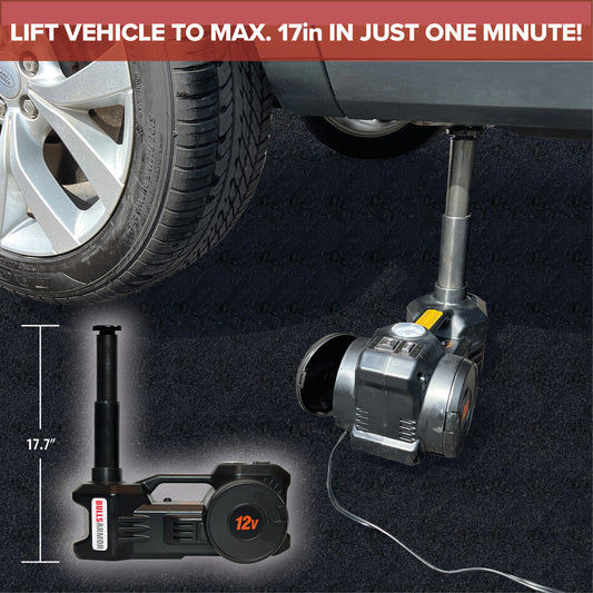 Car jack being used to lift a vehicle with text indicating maximum lift height and quick operation.