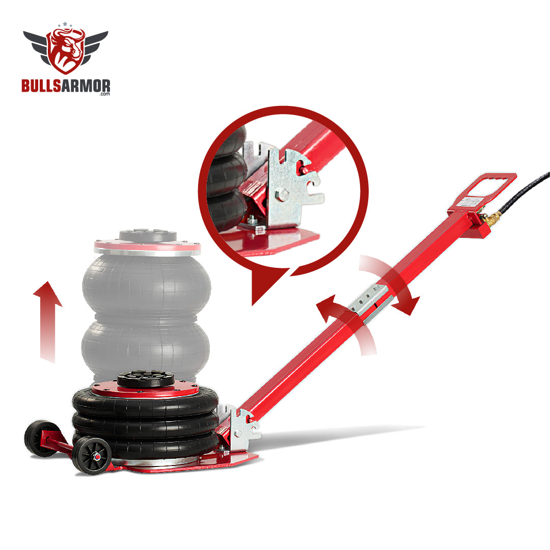Red tire inflator with a close-up detail on a white background, featuring the BullsArmor brand.