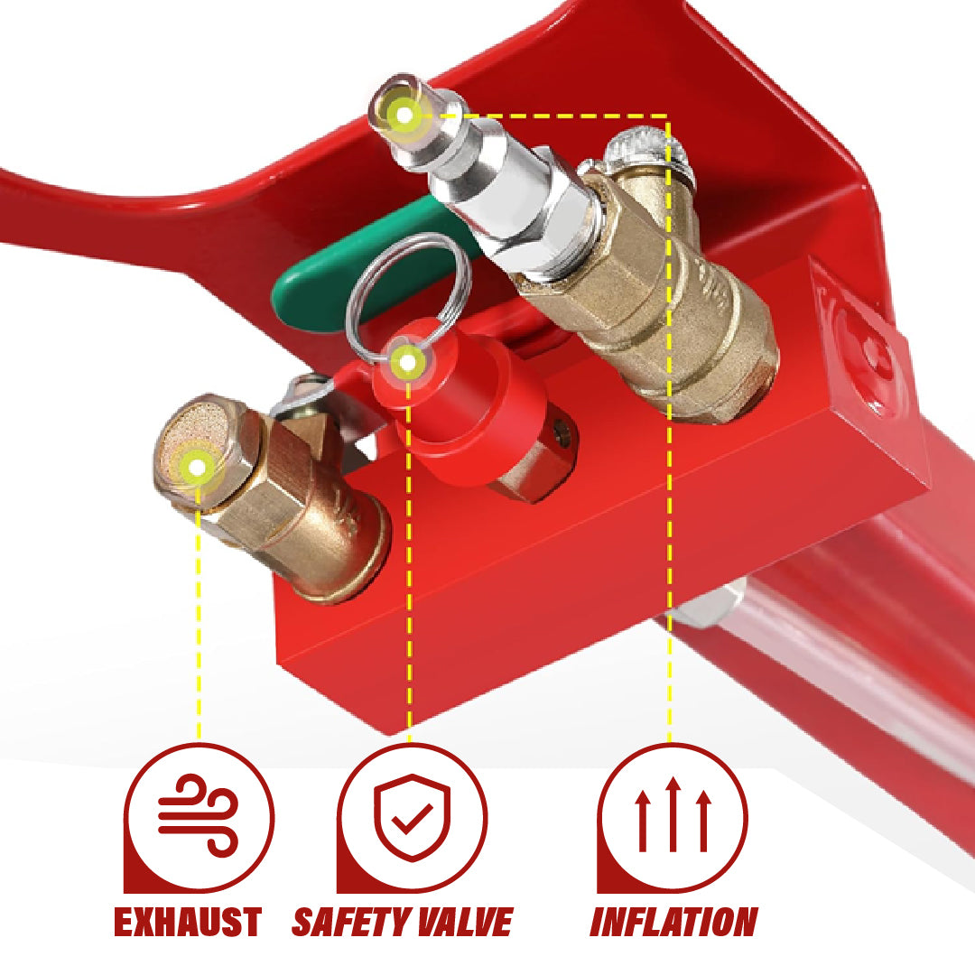 Red air compressor valve with exhaust, safety valve, and inflation functions on a white background
