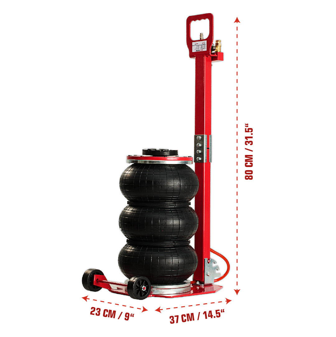 Red tire inflator with black tires on a white background