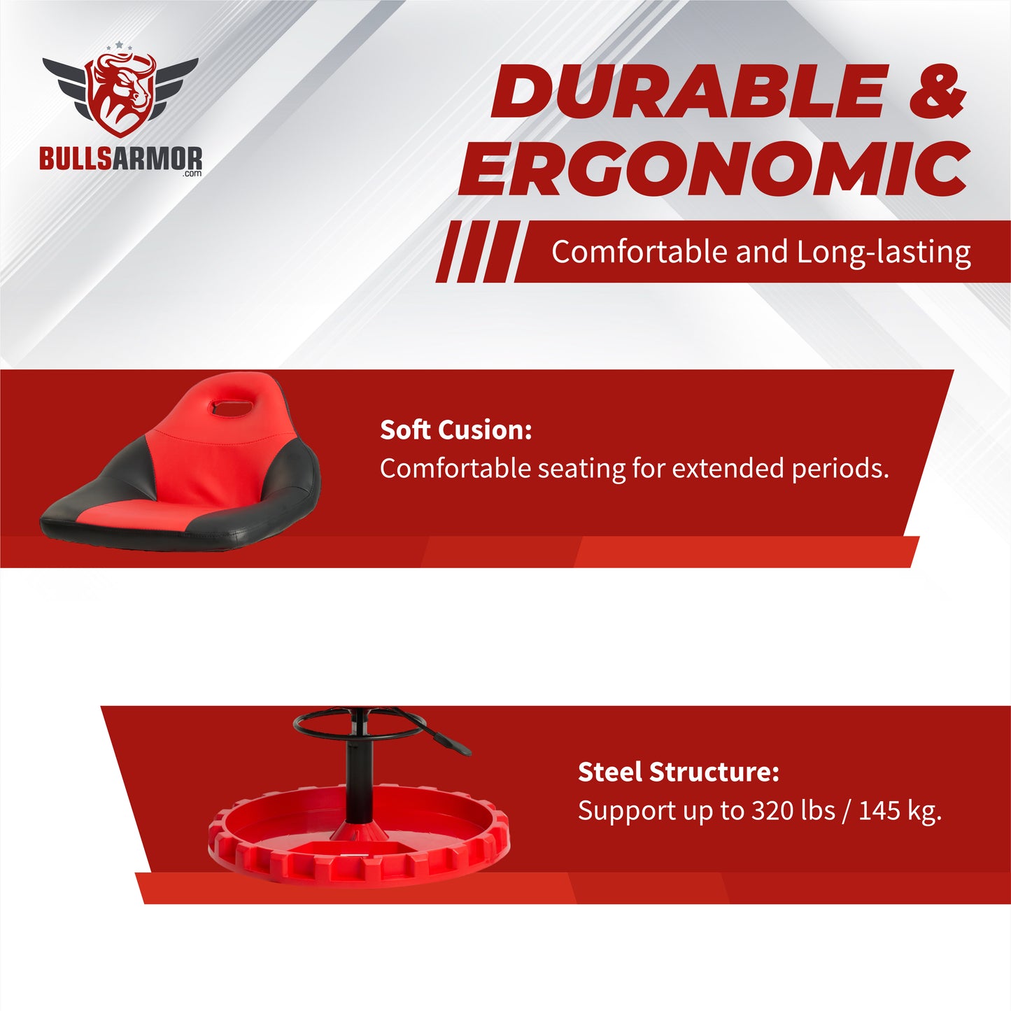 Bulls Armor Seat Product with red cushion and steel base on a white background, featuring text about durability and comfort.