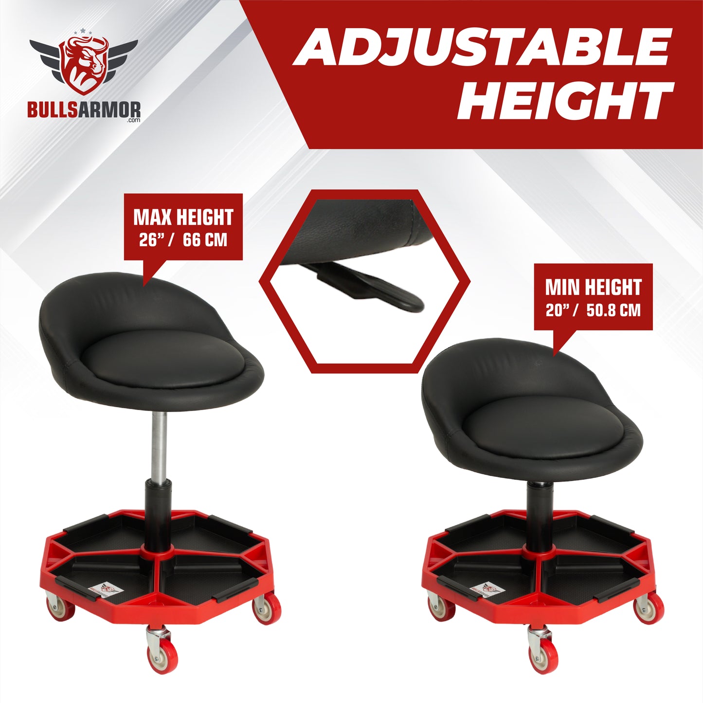 Adjustable height stool with Bulls Armor branding, showing max and min height measurements.