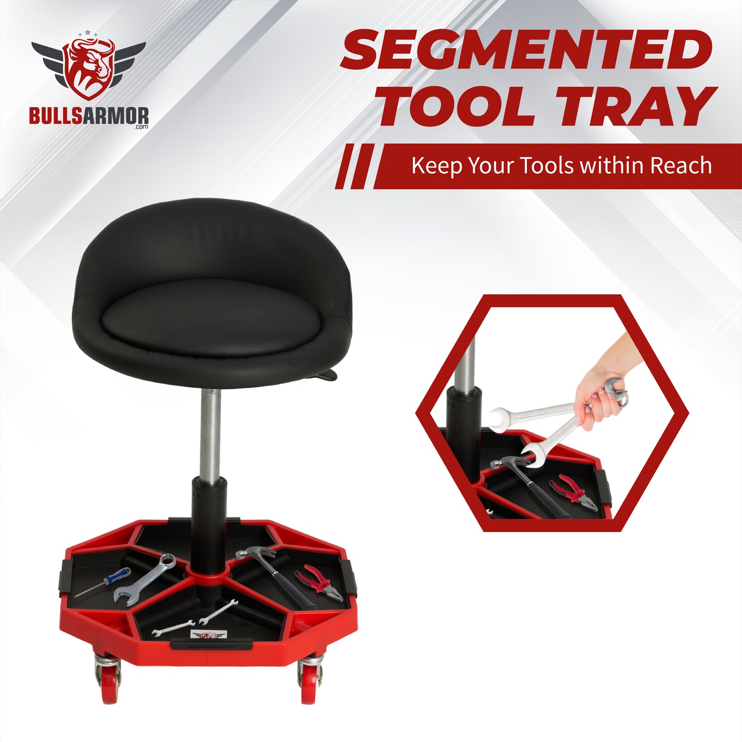 Black and red segmented tool tray with a chair-like design, featuring Bulls Armor branding.