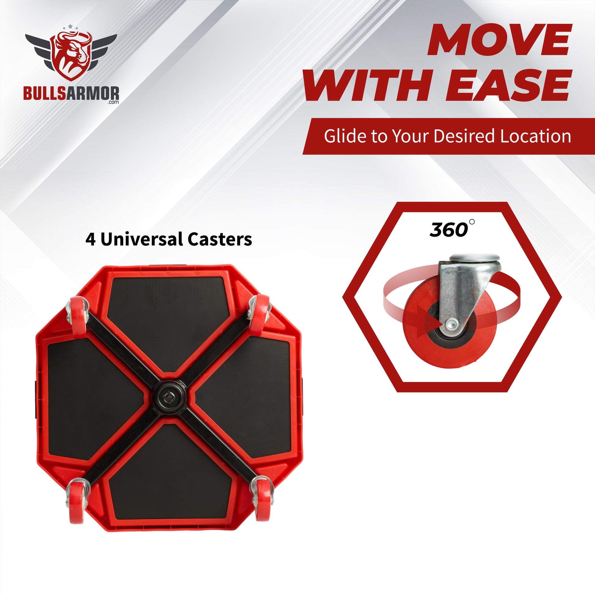 Red and black caster assembly with 4 universal casters and a 360-degree wheel illustration, branded as Bulls Armor.