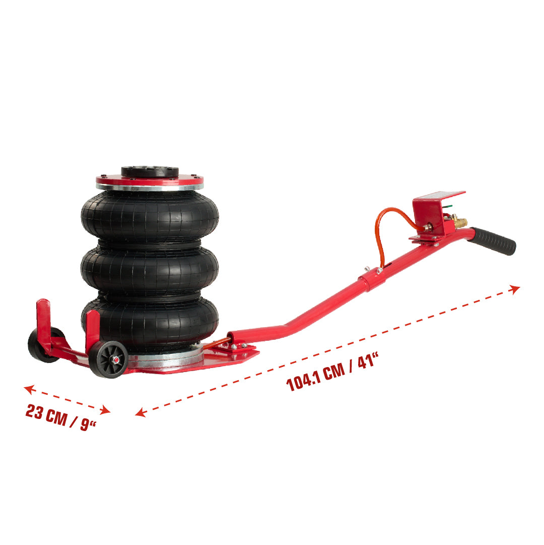 Red and black air jack with measurement details on a white background