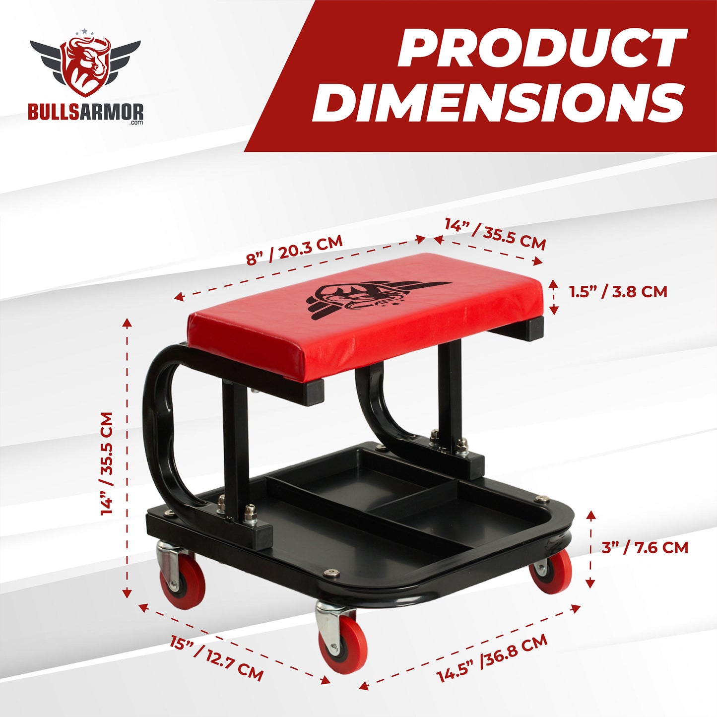 Product dimensions of a red and black step stool with Bulls Armor branding.