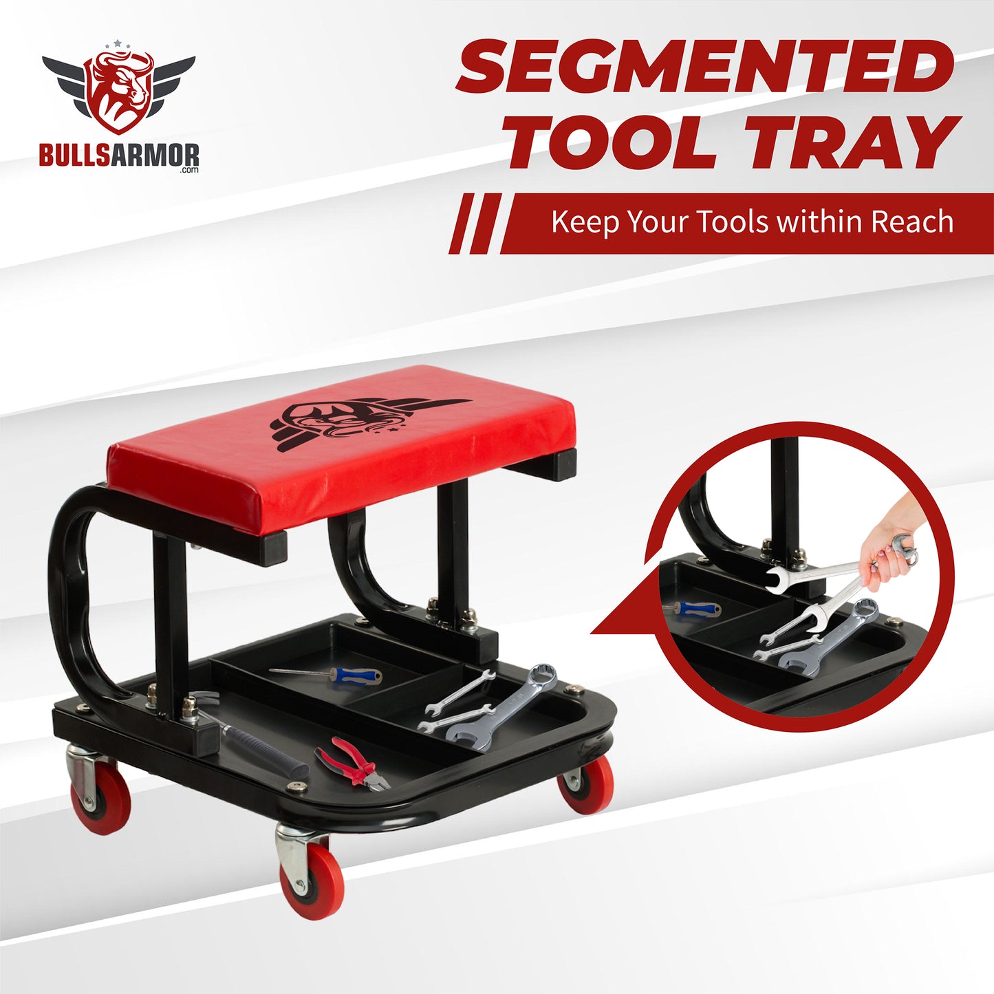 Red and black segmented tool tray with tools on a white background, featuring Bulls Armor branding.