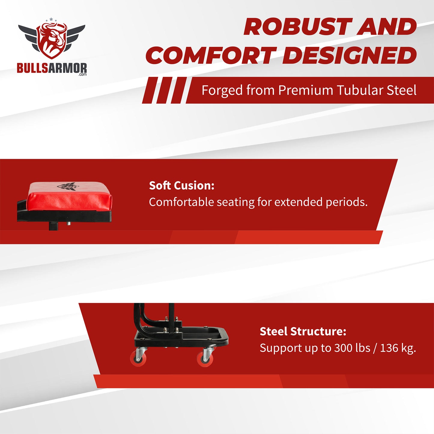 Advertisement for Bulls Armor product highlighting robust design and comfort features.