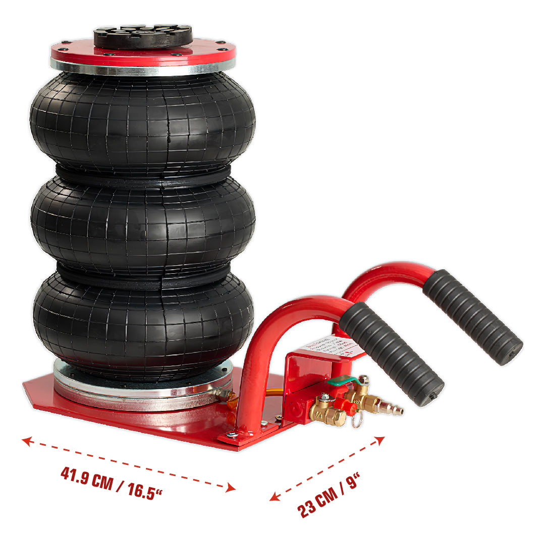 Black air spring with red pump and measurement details on a white background