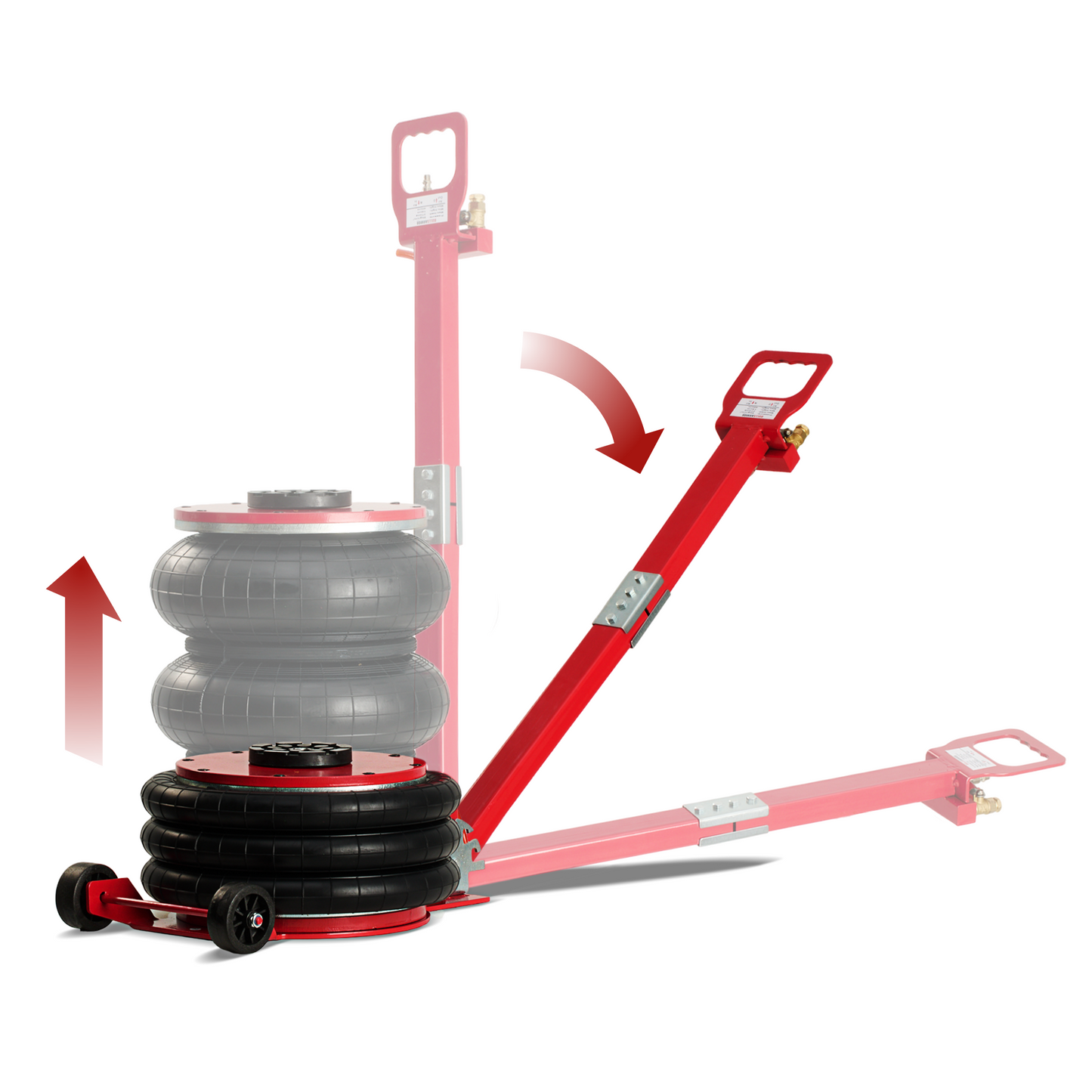 Red air lift jack with tires on a white background