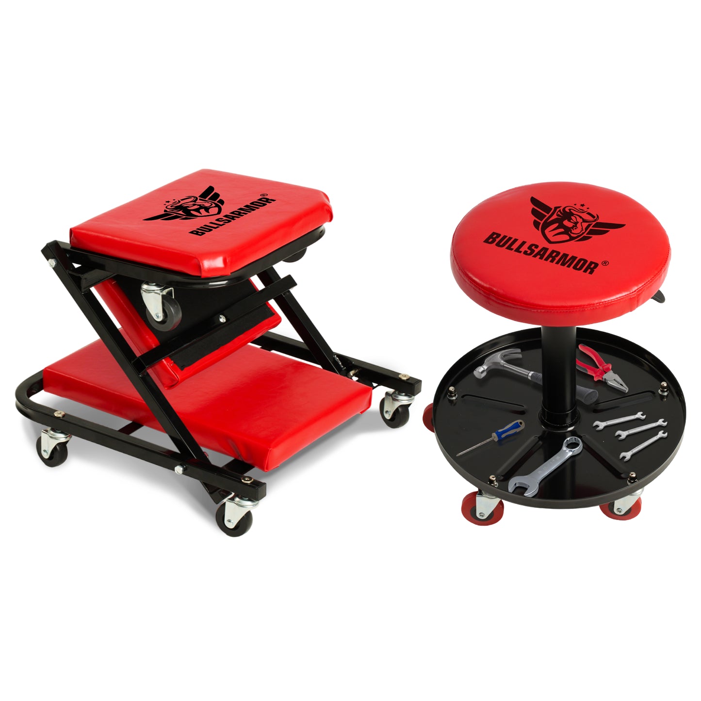 Red and black hydraulic lift seat and tool stool with Bullsarmor branding on a white background.