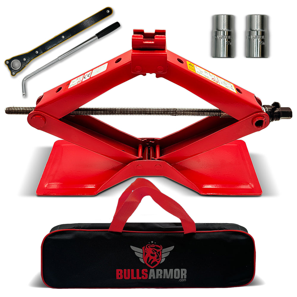 Red car jack with tools and carrying case on a white background, featuring Bulls Armor branding.
