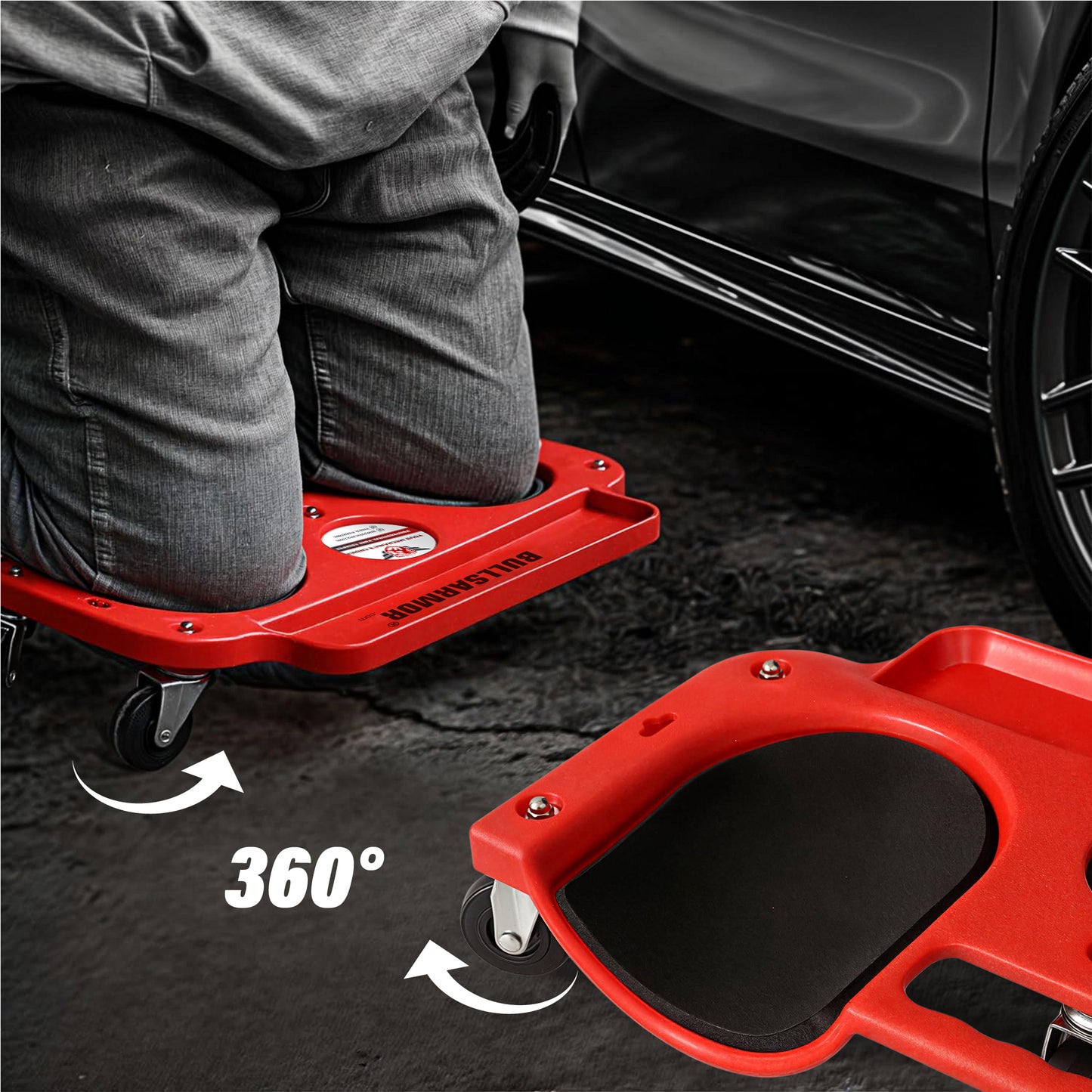 Red car jack stand with a person using it to lift a car, showing 360-degree movement.