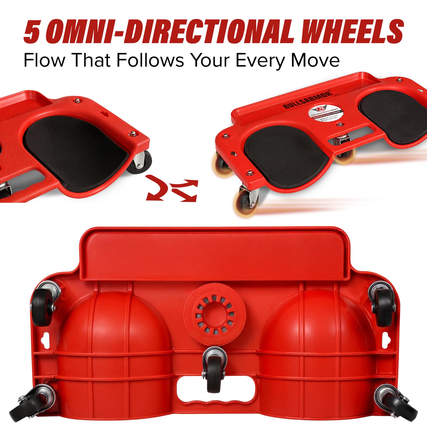 Red tool with five Omni-directional wheels and text highlighting their feature.