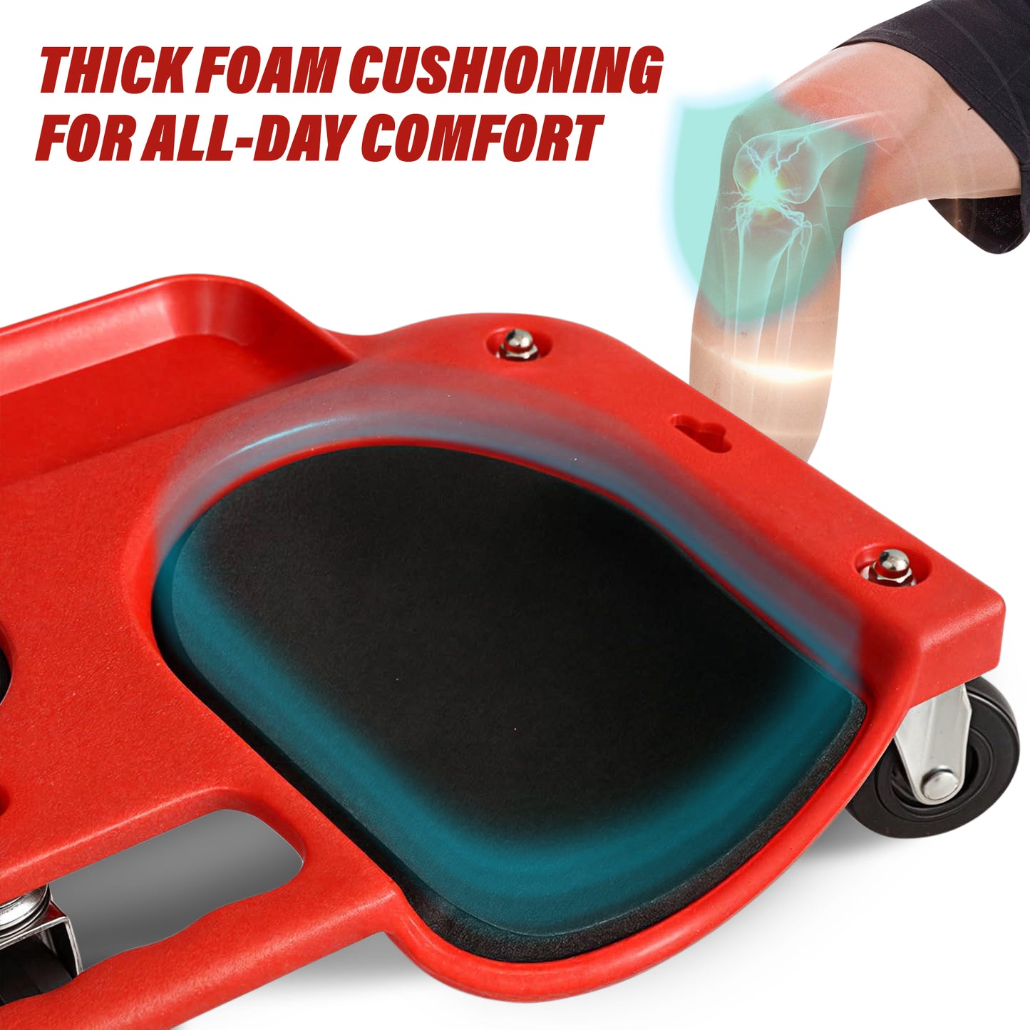Red and black office chair with thick foam cushioning for comfort, showing a hand touching the foam.