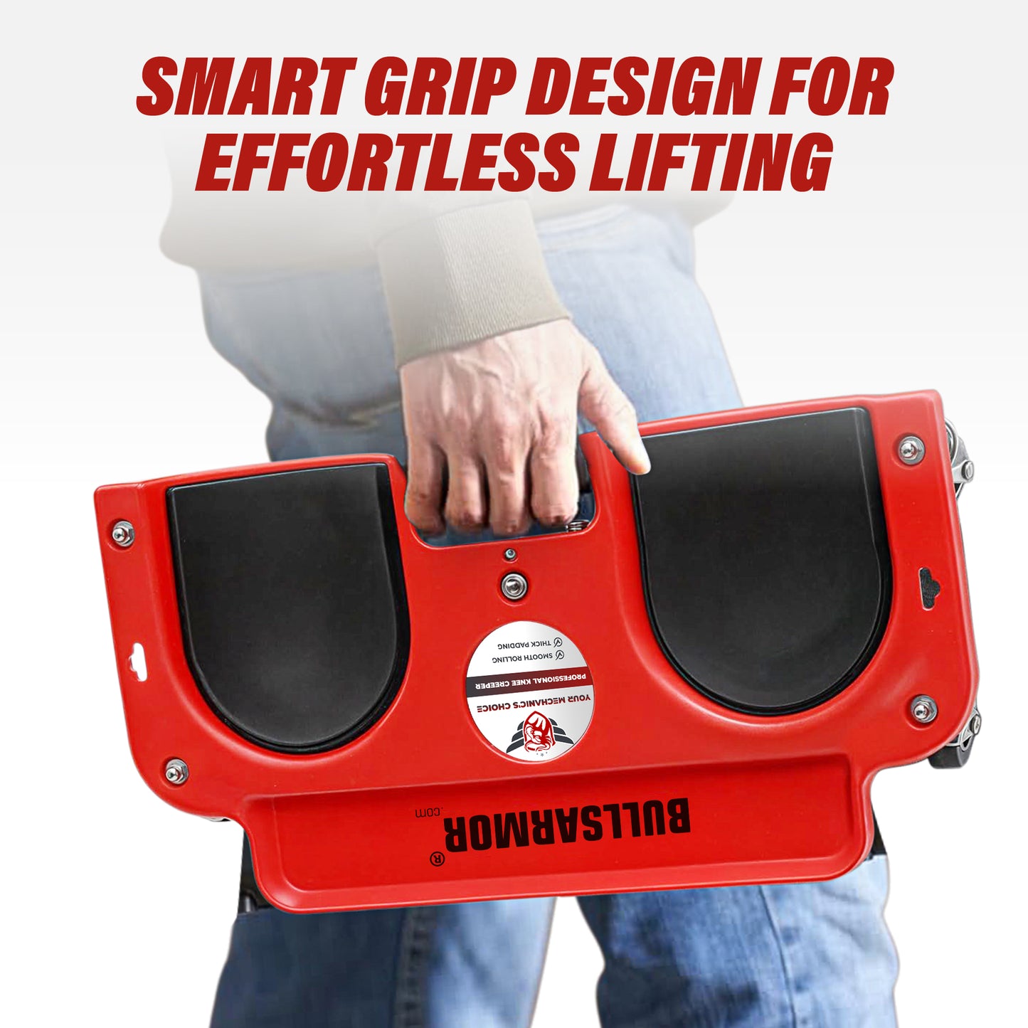 Red lifting aid with 'BullSarmor' branding and text about smart grip design on a white background.