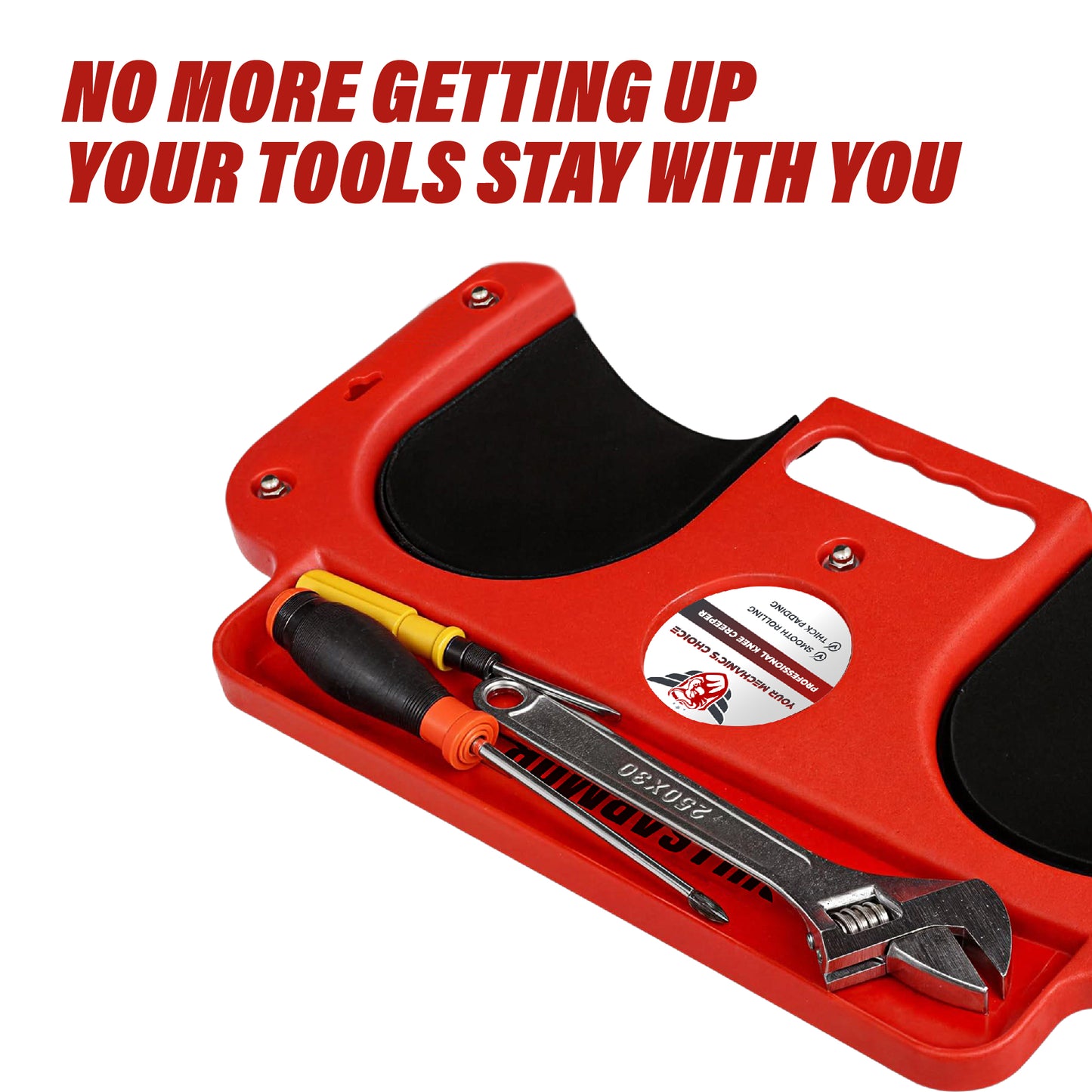 Red tool case with tools inside on a white background with promotional text.