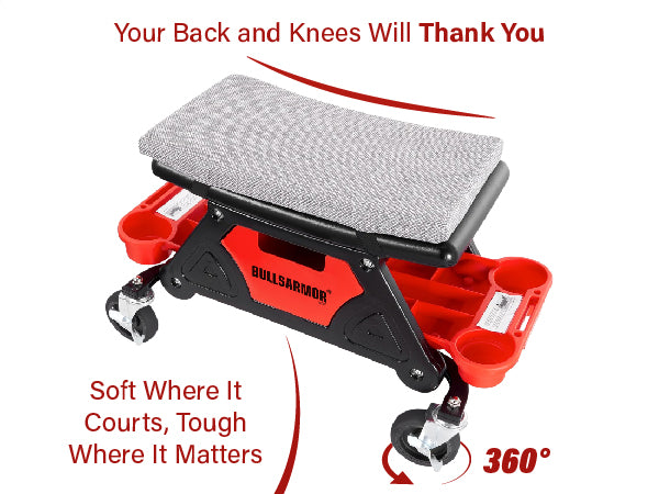 Portable stool with cushioned seat and wheels, featuring brand name, text about comfort and mobility on a white background.