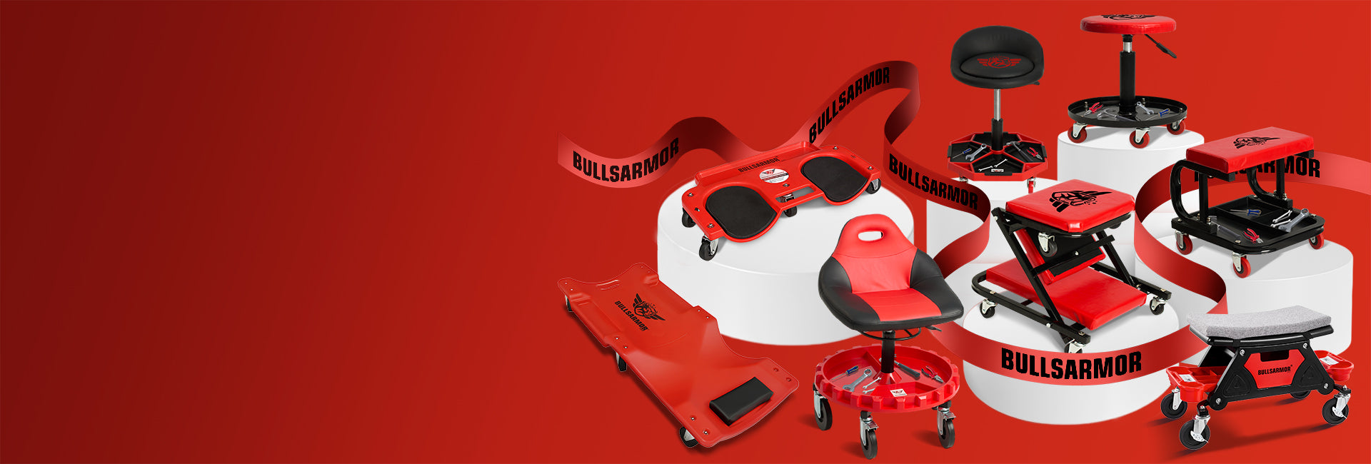 BullsArmor seats and creepers on a red background