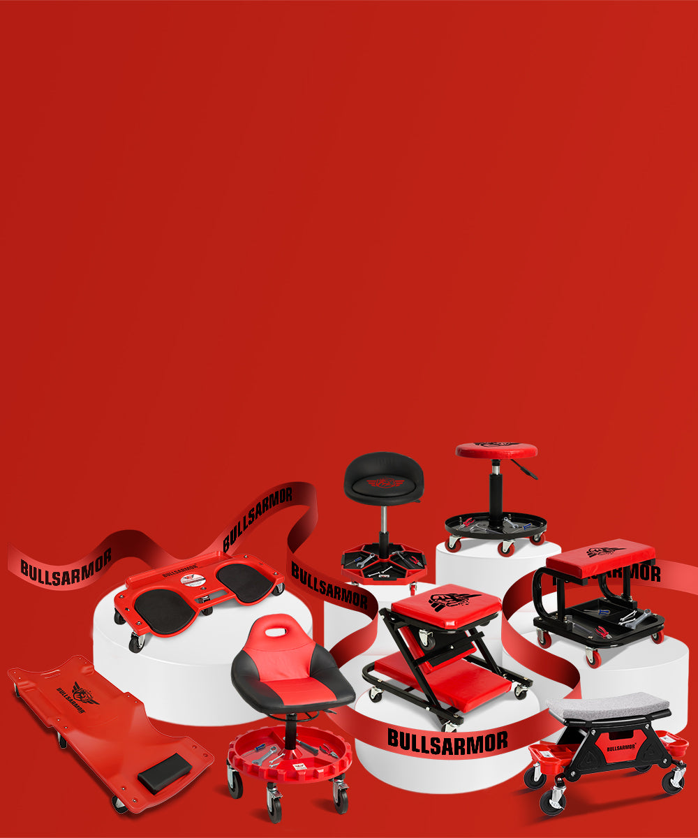 Collection of red and black mechanical workbenches with 'Bullsarmor' branding on a red background.