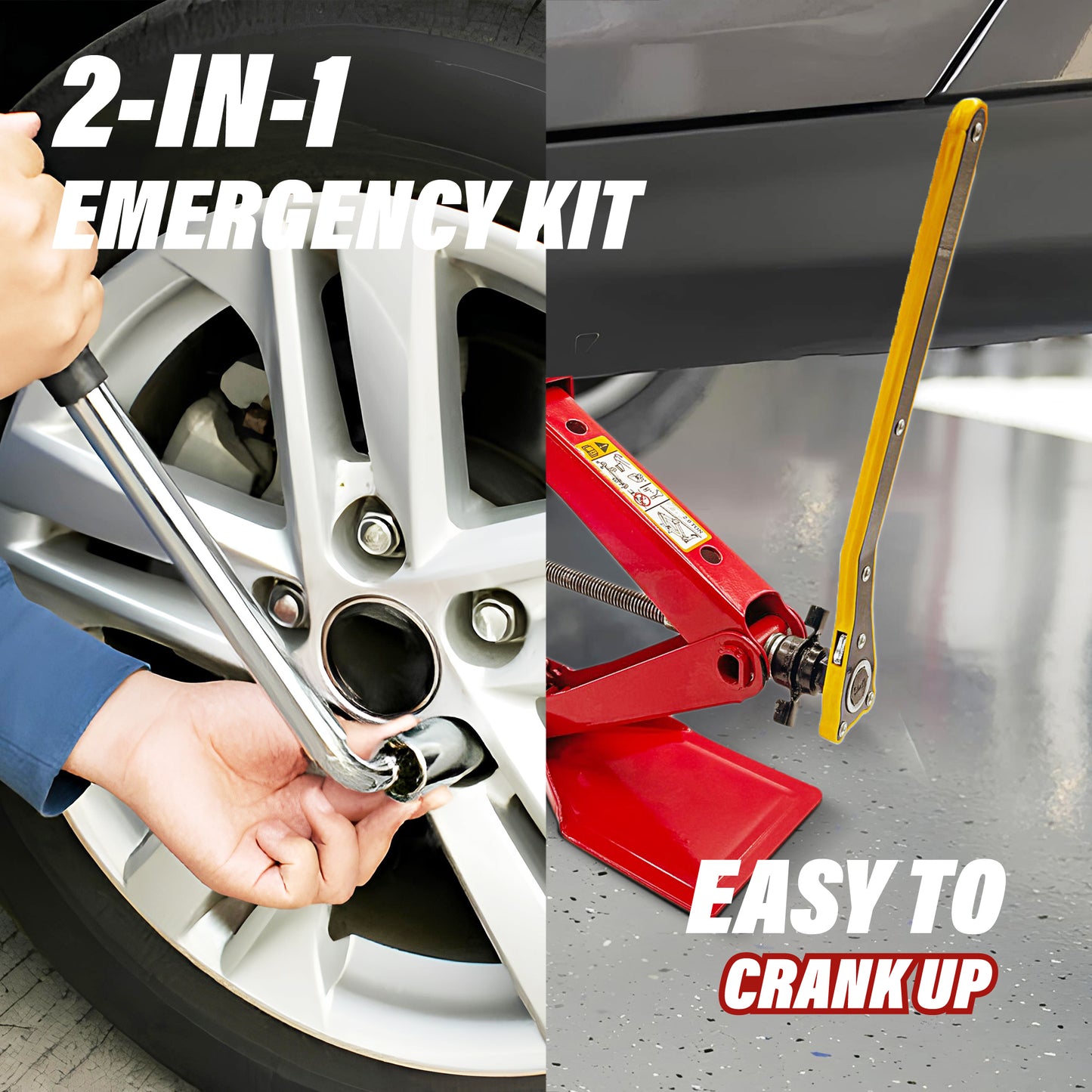2-in-1 emergency kit with tire jack and wrench on a car wheel, with text 'Easy to Crank Up'.