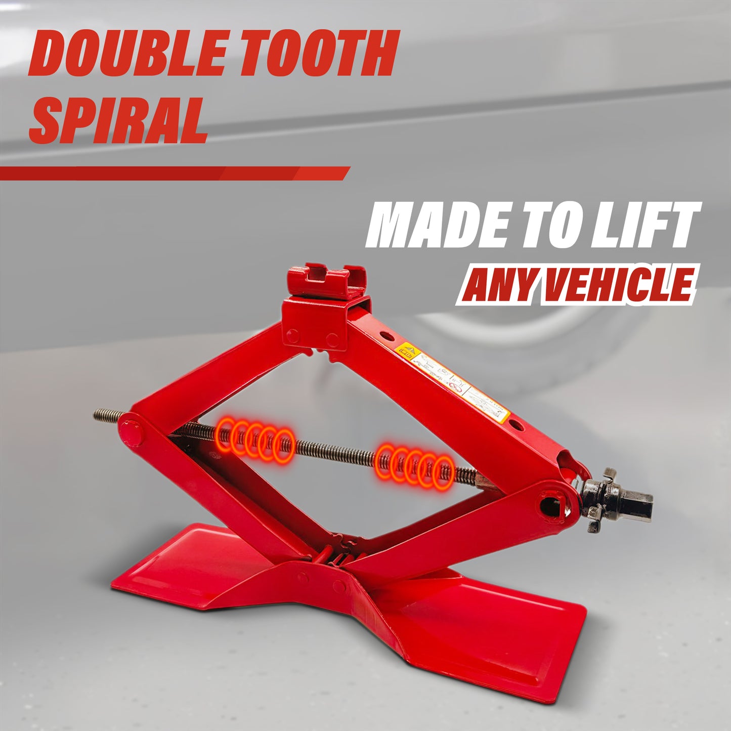 Red jack stand with 'Double Tooth Spiral' and 'Made to Lift Any Vehicle' text on a gray background