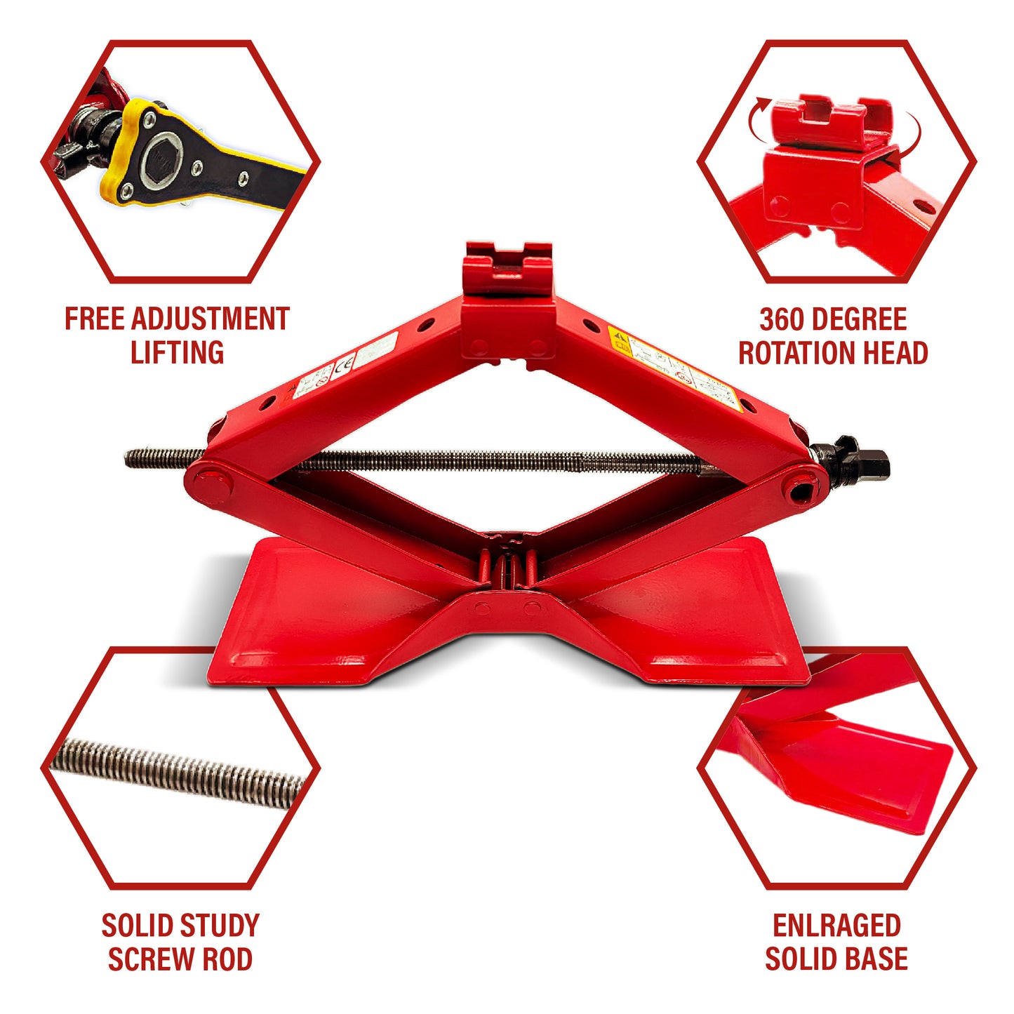 Red car jack with features highlighted on a white background