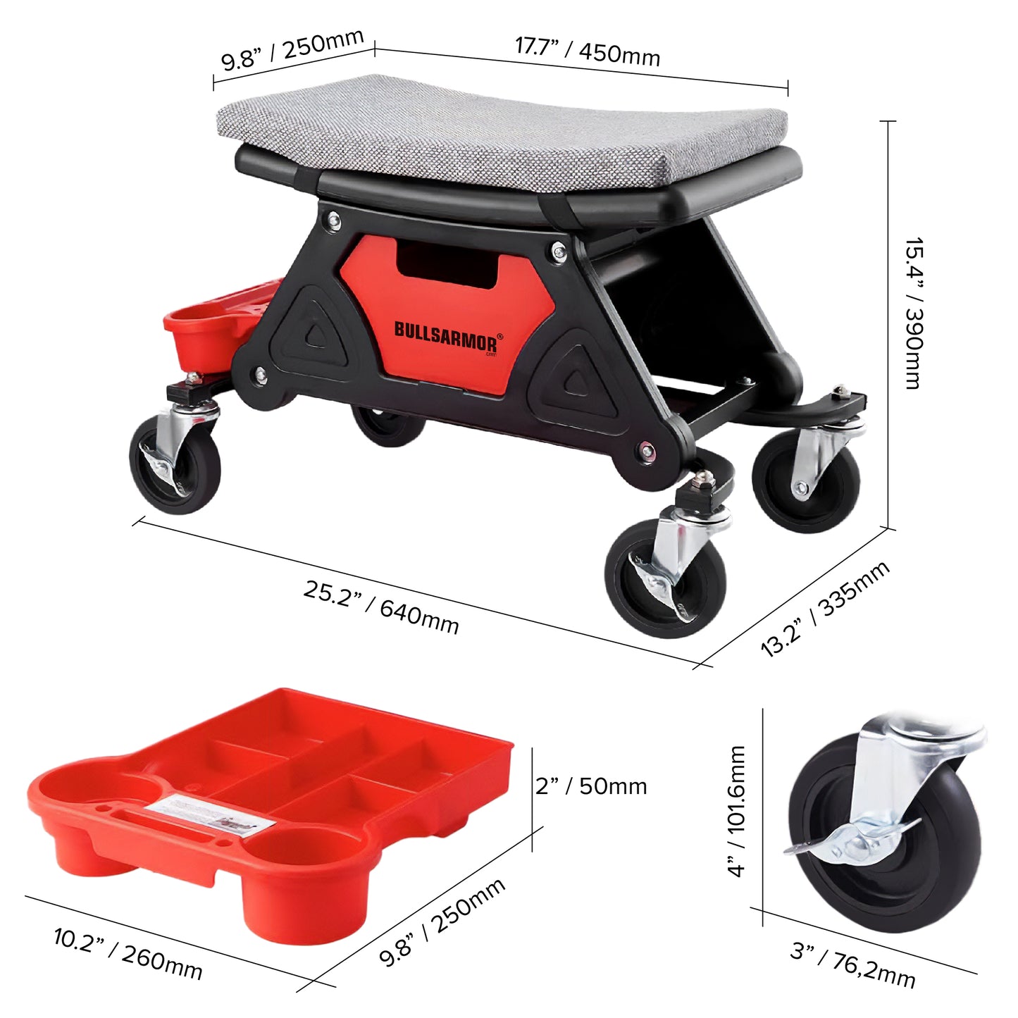 BullS Armor kneeling stool with dimensions and parts highlighted on a white background